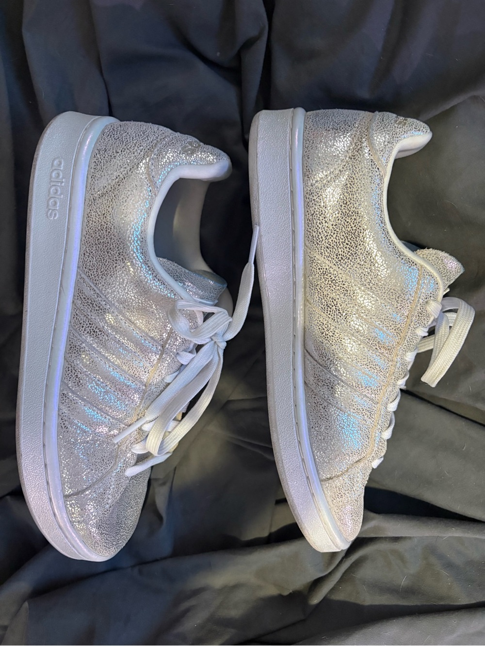 adidas Grand Court Women’s Glitter Silver Lace-Up Cloudfoam Sneakers - Picture 2 of 2